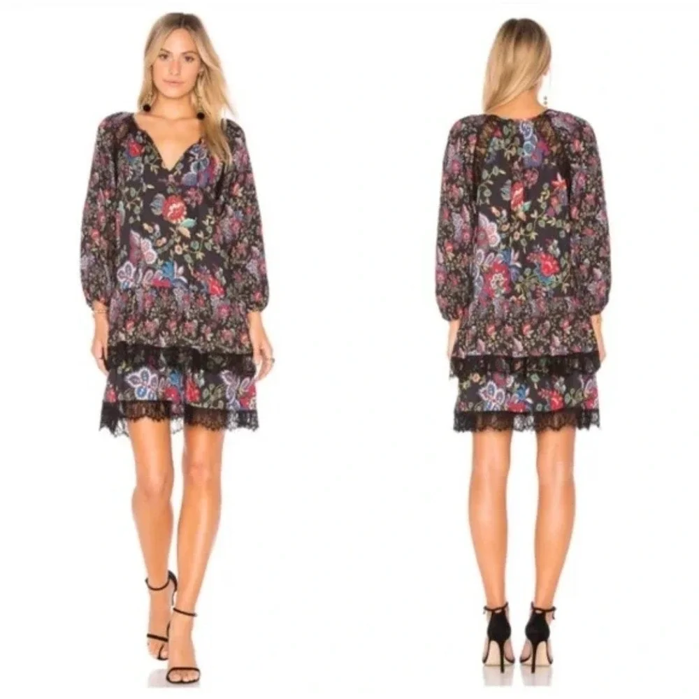 Alice + Olivia Lakita Floral Lace Trim Boho‎ Dress Black Multicolor Tiered Large - Picture 2 of 16